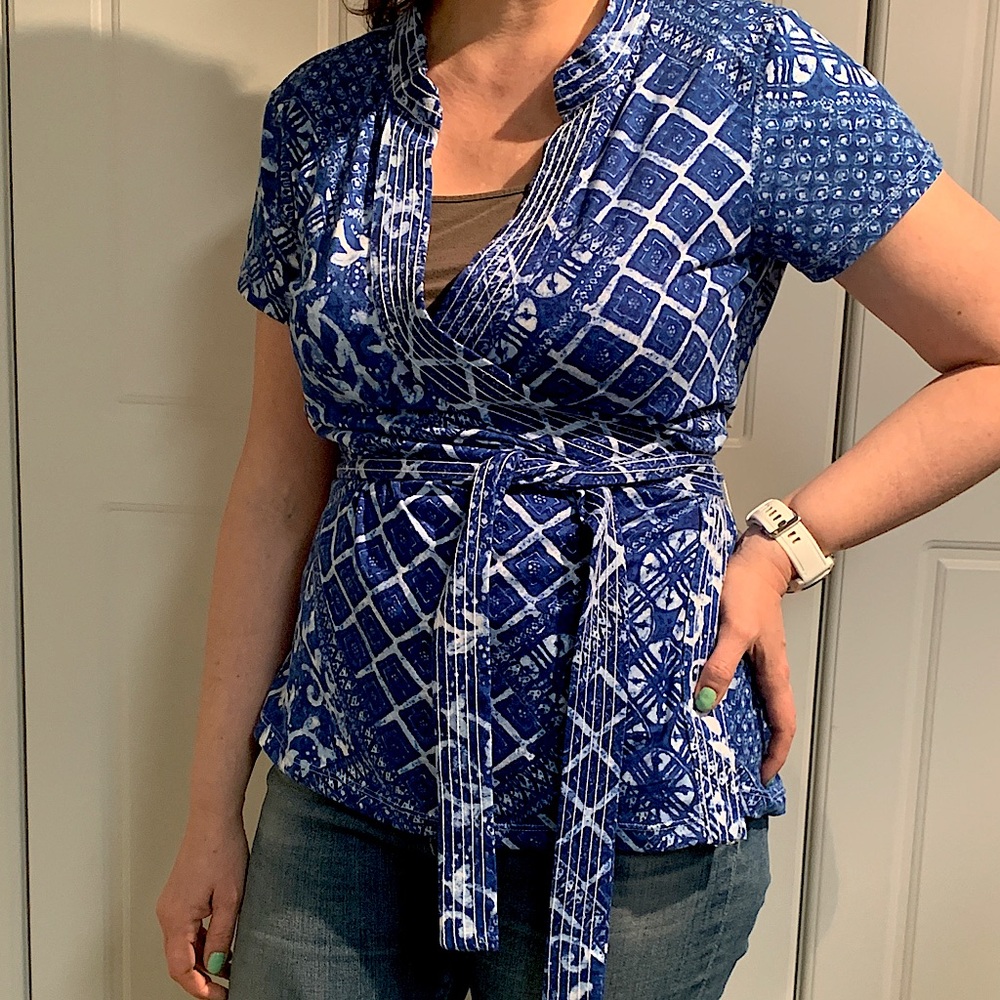 Blue Wraparound Kimono-Style top